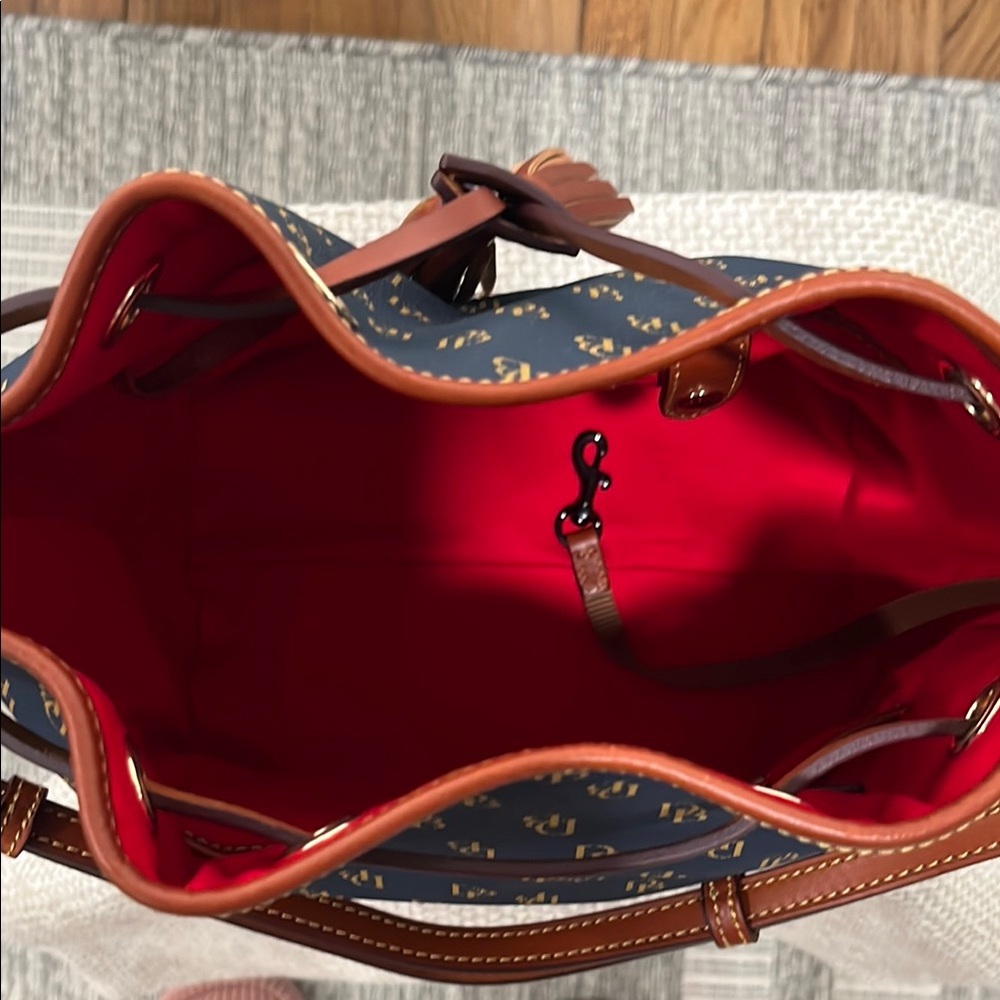 Dooney & Bourke Navy and Brown Drawstring Bucket Shoulder Bag - Picture 7 of 10